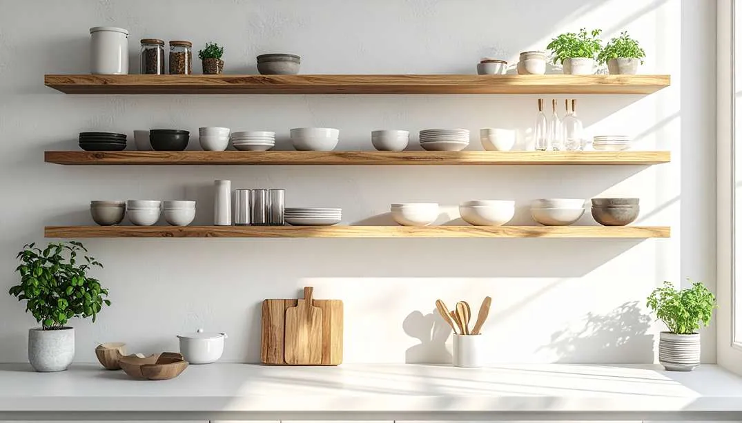 Wand mit Wandregalen als stilvolle Ablagefläche